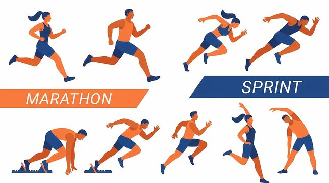 Athletes participating in marathon and sprint events in motion illustration