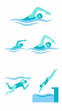 Swimming athletes demonstrate various techniques like freestyle and diving in this minimalist blue illustration set.