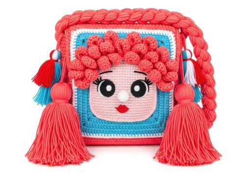 Whimsical handmade crochet bag with a cartoon face and tassels