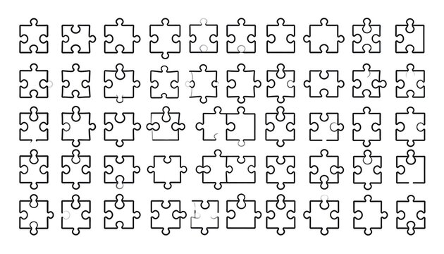 Black Outline Jigsaw Puzzle Pieces Arranged in Neat Rows on White Background