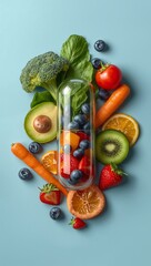 Transparent capsule filled with fresh fruits and vegetables symbolizing healthy nutrition, natural vitamins, and wellness. © Curioso.Photography