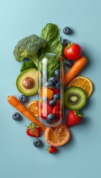 Transparent capsule filled with fresh fruits and vegetables symbolizing healthy nutrition, natural vitamins, and wellness.