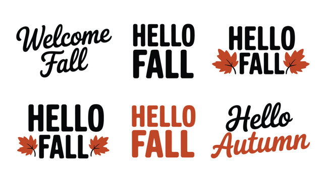 Hello fall and hello autumn typography collection with seasonal leaf decoration