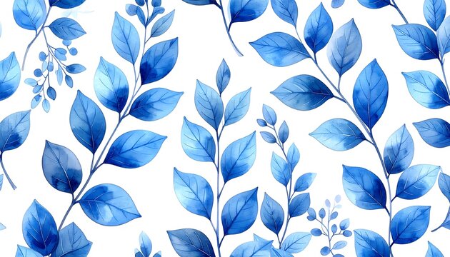 Delicate Blue Botanical Leaves Arranged in Seamless Pattern on White Background