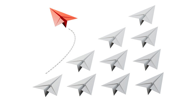 Individuality concept. Individual and unique leader red paper plane flies to the side. 3D illustration.Supports PNG files with transparent backgrounds.