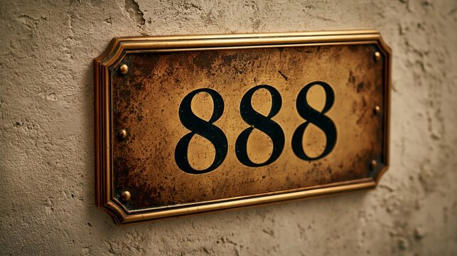 Antique brass house number 888 on a weathered stone wall, showcasing vintage charm and a sense of history and aged elegance.