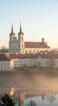 Historic Baroque Church Rising Above Riverside Buildings in Soft Morning Mist