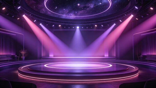Stage with neon lights and galaxy ceiling