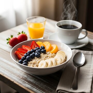 Fresh Fruit Oatmeal Bowl Served with Hot Coffee and Orange Juice on Rustic Wooden Table