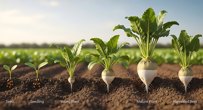 Progressive Beet Growth Stages Displayed in Soil Across Open Farm Field
