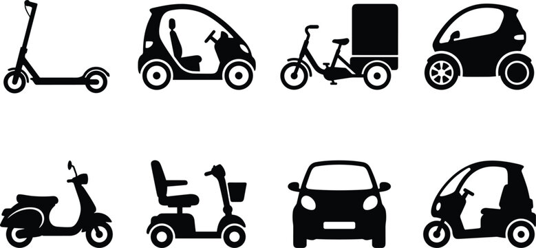 Micro Mobility Vehicle Silhouette Collection with Electric Scooter Cargo Bike and Compact Car Vector Set