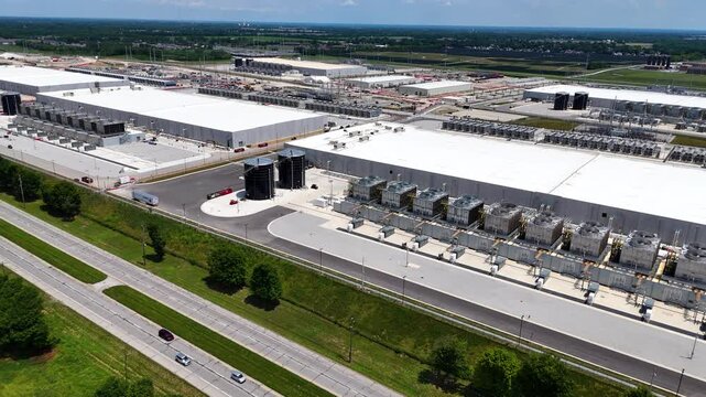Massive data center campus in Columbus, Ohio with rows of data centers