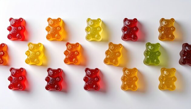 Pectin Based Gummy Bears in Various Fruit Colors Arranged in a Modern Geometric Pattern
