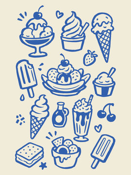 Ice Cream Dessert Set Naive Doodle Vector Illustration