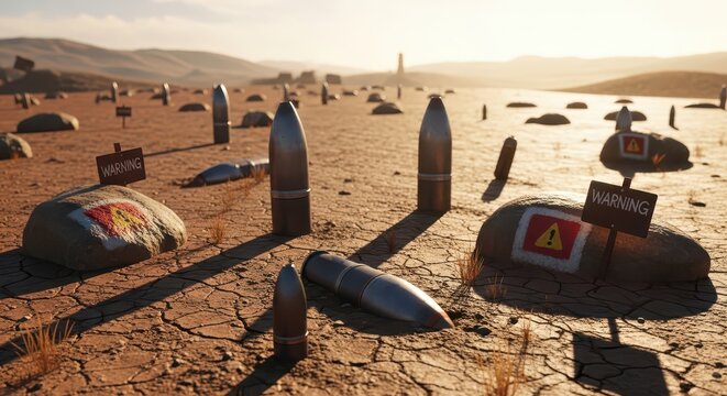 Scattered Unexploded Ordnance in a Desolate Arid Landscape