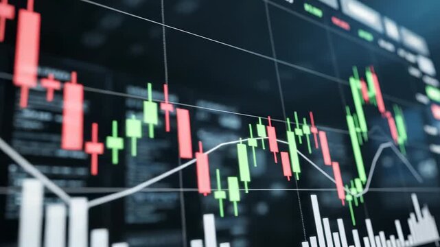 Close up of a financial stock market candlestick chart showing price trends, trading volume, and market analysis on a dark digital screen