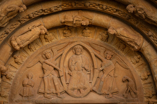 Maiestas enthroned with a seraph and a cherub holding the mandorla,, Church of Santa Maria de Covet, 12th century Romanesque parish church, Pallars Juss&agrave;, Lleida, Catalonia, Spain