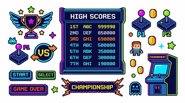 Pixel art arcade icons set features high score screens, vintage game controllers, and golden trophies arranged on a clean white background to evoke a nostalgic gaming aesthetic.
