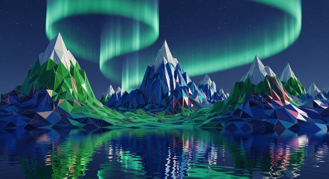 Geometric mountain range under aurora borealis