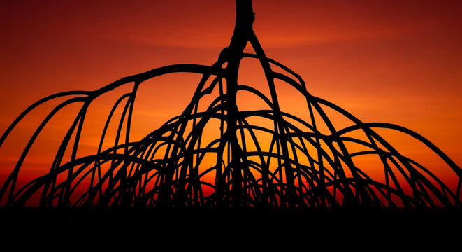 Silhouette of a pitchfork against a vibrant orange sunset background