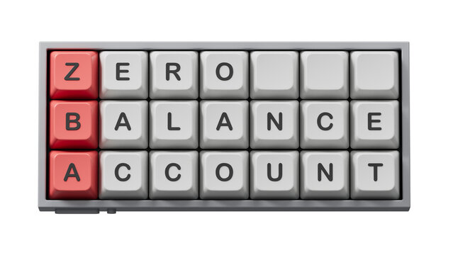 ZBA - Zero balance Account. Computer keyboard keys with word ZBA. Business and ZBA concept. Computer keyboard keys. Copy space.Supports PNG files with transparent backgrounds.