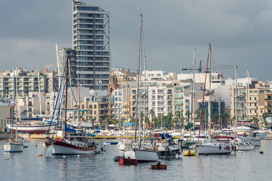 Valletta, New buildings replacing the old ones on the seafront promenade of the neighborhood of Sliema, Republic of Malta, Europe