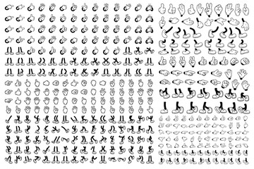 Retro cartoon legs and hands, Hands with gloves and feet with boots, various poses for characters, a set of poses, gestures, placement of hands and feet. Mascot character set.