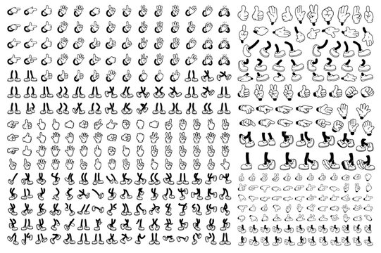Retro cartoon legs and hands, Hands with gloves and feet with boots, various poses for characters, a set of poses, gestures, placement of hands and feet. Mascot character set.