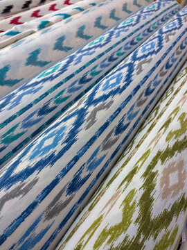 typical fabrics of Mallorca (&acute;Roba de lleng&uuml;es&acute;), for sale in the urban market of Llucmajor, Majorca, Balearic Islands, Spain