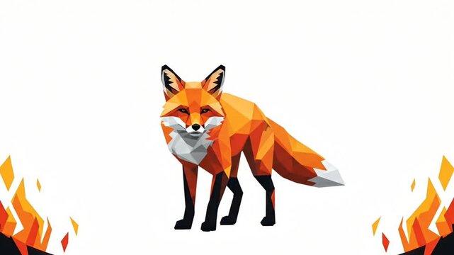 Geometric low poly fox graphic presented with abstract fire on white.