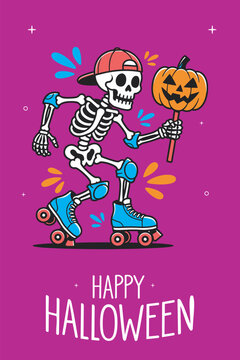 Happy Halloween Roller Skate Skeleton Holding Jack O Lantern Pumpkin Cartoon Vector Illustration Greeting Card Design