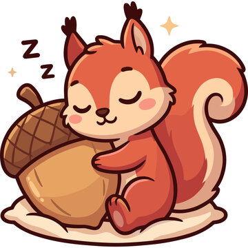 A cute cartoon squirrel sleeps peacefully with an acorn outside in nature.
