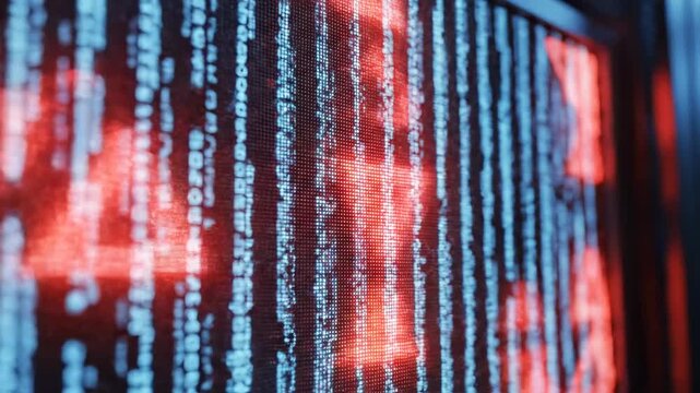 Digital data server rack with glowing red virus code and blue binary data streams, cybersecurity threat analysis and network security concept