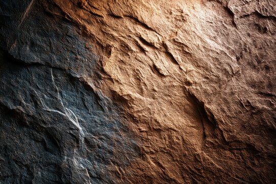 Natural stone texture with dramatic side lighting and earthy mineral tones in a sharp macro shot for architectural surface design marketing