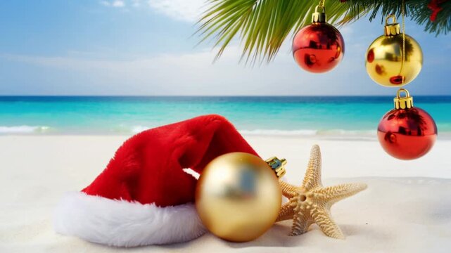 Tropical Christmas Card, Christmas on the Beach vacation with a red Santa hat and ornaments on white sand. Caribbean beach setting with a palm frond hanging over the water. 