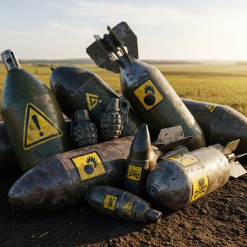 Pile of Unexploded Ordnance in a Field