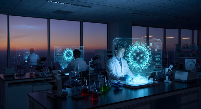 Scientist in Lab Coat Examining Glowing Blue Virus Structure in Modern Laboratory at Dusk