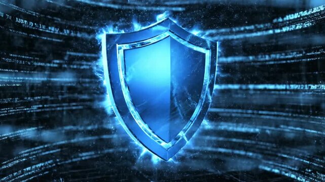 Glowing blue shield icon symbolizing cybersecurity, data protection, and digital security within a network of digital data streams