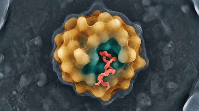 Lysozyme amber globular protein measuring four nanometers, featuring teal active site cleft containing coral red peptidoglycan substrate, color enhanced electron microscopy scan.