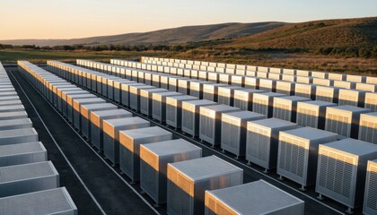 Fototapeta premium A large outdoor data center with rows of server units arranged on a flat landscape under a clear sky during sunset.