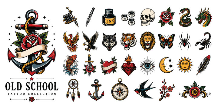 Old school tattoo collection, vintage traditional flash art set with anchor and rose, classic retro tattoo icons with animals and symbols vector
