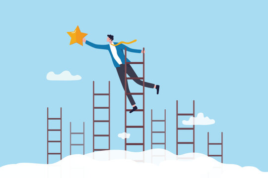 Climbing ladder of success, career growth opportunity, achievement or motivation to succeed, leadership decision or ambition to win , businessman climbing ladder in the sky to reach success star.