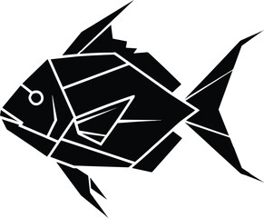 The illustration depicts a geometric fish swimming left in black and white lines on a plain background.