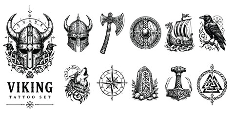 Mystical tattoo set with occult symbols, celestial witchcraft icons collection, black and white esoteric magic vector illustrations for tarot and astrology © Allah k hwaly