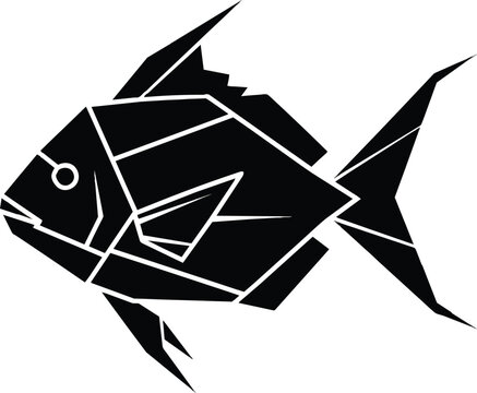 The illustration depicts a geometric fish swimming left in black and white lines on a plain background.