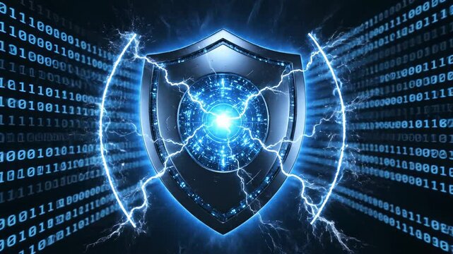 Glowing digital shield protecting against cyber threats, binary code streams, data protection, network security concept