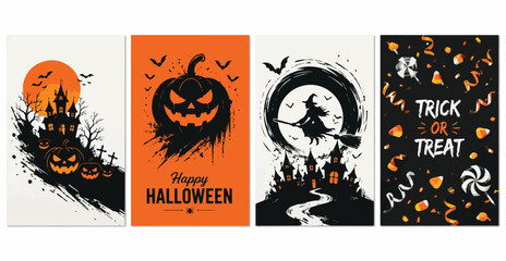 Halloween greeting card set with spooky pumpkin and haunted house, trick or treat vertical banners, witch flying over castle vector illustration © Allah k hwaly