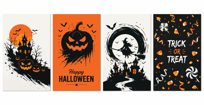 Halloween greeting card set with spooky pumpkin and haunted house, trick or treat vertical banners, witch flying over castle vector illustration