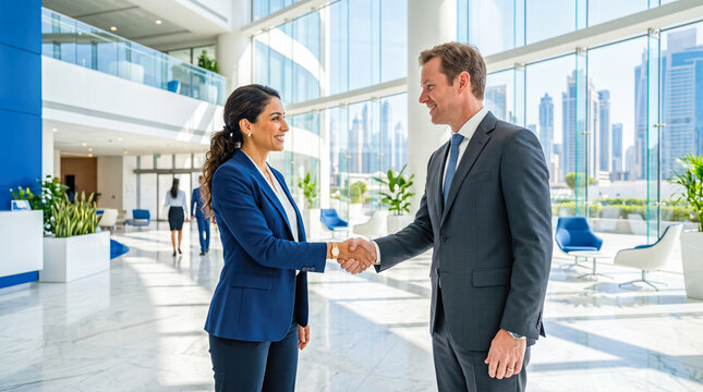 Successful corporate professionals shaking hands inside bright modern glass building lobby celebrating profitable business partnership and mutual financial agreement success
