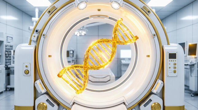 Futuristic bright white medical scanner machine analyzing glowing golden dna double helix structure illustrating highly advanced genetic research modern healthcare technology